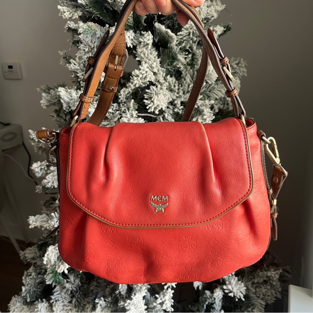 MCM Visetos Monogram Cognac Leather Shoulder Bag